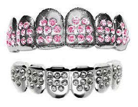 Hip Hop Platinum Silver Plated Removeable Mouth Grillz Set (Top & Bottom) Pink Ice