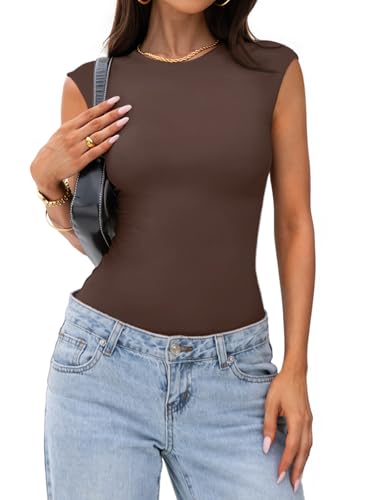 PINKMSTYLE Crew Neck Tank Top Sleeveless Bodysuit for Women Tummy Control Shapewear Thong Bodysuit Tops Dark Brown XX-Large — view 4
