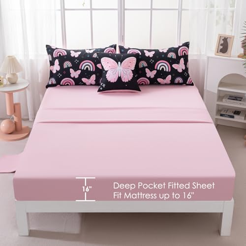 Image of Full Size Comforter Set for Girls - 6 Pieces Black Pink Butterfly Kids Bedding Set with Sheets - Colorful Rainbow Printed Teen Girl Bed in A Bag (Rainbow Butterfly, Full)