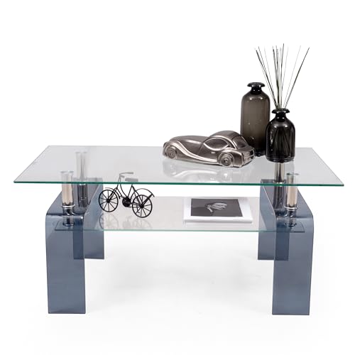 Homely - Mesa de Centro de diseño Moderno Kenia Tapa y revistero Cristal Transparente, y Patas en Cristal Smoke Grey