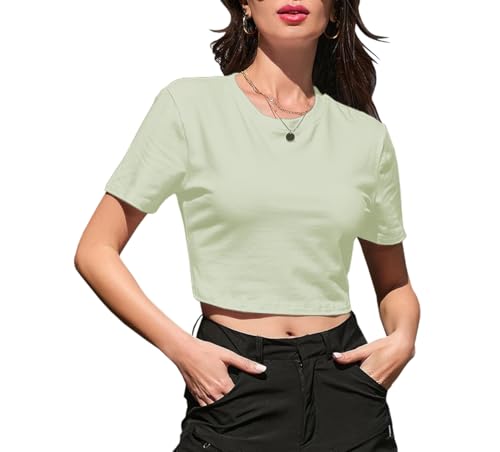 Image of Betusline Girls & Women Basic Summer Short Sleeve Slim Fit T-Shirts Soft Crewneck Crop Y2k Tee Cute Gym Fashion Clothes