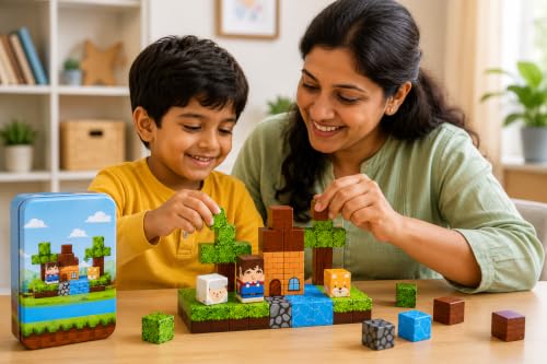 Image of Magnetic Building Blocks for Kids Blocks (38 Pcs Green Steel Storage Tin) | STEM Magnetic Tiles Pixelated Cube | Creative Learning Block Set for Boys Ages 3+ | Birthday Gift