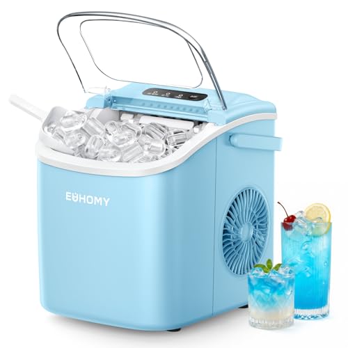 Image of EUHOMY Countertop Ice Maker Machine with Handle, 26lbs Per Day, 9 Ice Cubes Ready in 6 Mins, Auto-Cleaning Portable Ice Maker with Basket and Scoop, for Home /Kitchen /Camping /RV (Blue)