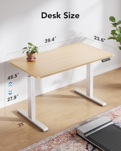 HUANUO 40" x 24" Electric Standing Desk Adjustable Height, 4 Memory Height Settings, Headphone Hook, Cable Manager, Sit Stand Up Desk for Home Office & Computer Workstation, Natural