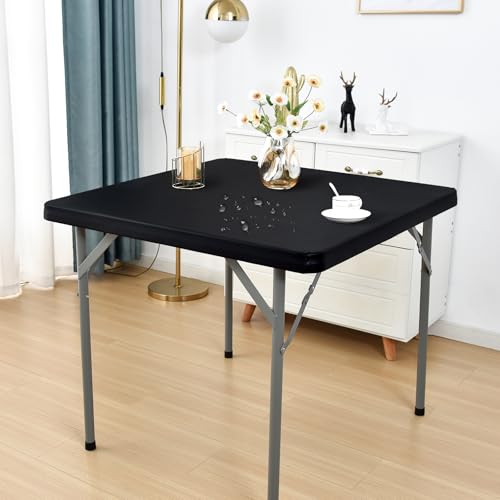 Nacuci PU Waterproof and Oilproof Fitted Tablecloth Elastic Stretch Table Cover, Wipeable Square Table Cloth for Kitchen, Dining, Picnic, Party, Indoor and Outdoor (Black, 34