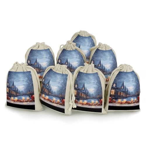 BSCKKDMN コットン巾着袋 8枚パック クリスマス雰囲気 リネンギフトバッグ 収納バッグ 再利用可能ギフトポーチ ジュエリー/パーティーの記念品 ラッピング DIY クリスマスギフト キャンディバッグ 4.9x6.7インチ