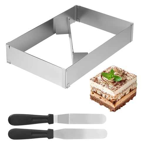 Backrahmen Rechteckig Verstellbar, 5 cm hoher Edelstahl Tortenring Eckig, Backrahmen Eckig Verstellbar Range 18x35-34x53 cm mit Abteiler und 2 Spateln zum Backen und Schichten von Kuchendekoration