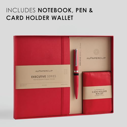 Image of myPAPERCLIP Executive Series A5 Diary & Pen Gift Set | Includes Classic Ball Pen, Italian Leather Card Holder & Softcover Notebook | 192 Pages, 80 GSM | Ideal Corporate, Office & Personal Gift | Red