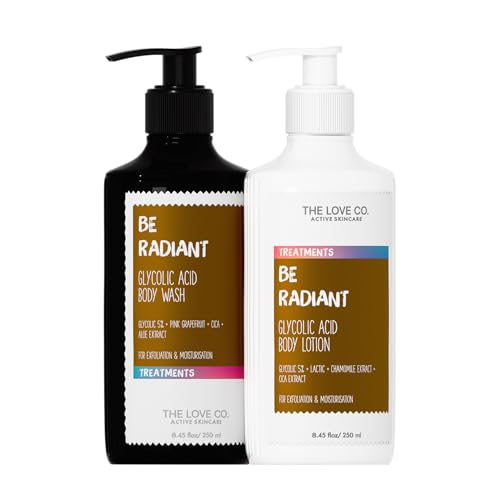 Image of THE LOVE CO 05% Glycolic Acid Body Wash + Body Lotion Combo Pack - Body & Back Acne | Prevents Dry, Rough, Bumpy, and Strawberry Skin | Deep Cleanses Skin