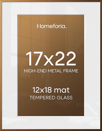 Image of Homeforia 17x22 Picture Frame Bronze, High End Metal 17x22 Brass Poster Frames with Mat 12x18 Photo, 17 x 22 Frame Matted to 12 by 18 inch Print, 22by17 Thin Frames, Tempered Glass, Wall Kit, Set of 2