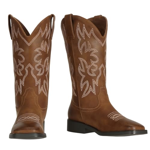 Image of SheSole Cowboy Boots for Women Western Cowgirl Boots with Embroidered Mid Calf Fashion Chunky Heel Square Toe Country Boot