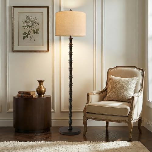 Image of Wood Floor Lamps for Living Room Rattan Floor Lamp with Remote Control& 3 Color Temperature,Dimmable Rustic Floor Lamp Black Mid Century Modern Standing Lamp Tall Farmhouse Floor Lamp For Bedroom