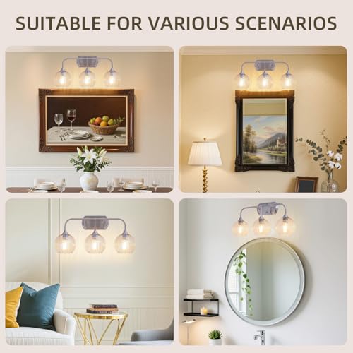 Image of MantoLite 3-Light Brushed Nickel Vanity Light,Ribbed Glass,E26 Hardwired | Bathroom Mirror Wall Lamp with Clear Glass Shade,Bathroom Light Fixtures Over Mirror ,Bulb not Included(Max 60W)