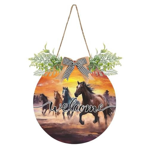 WELLDAY Horse Painting Welcome Sign for Front Door - Rustic Welcome Wreaths with Stapled Greenery, Decor for Farmhouse Porch 12 Inch