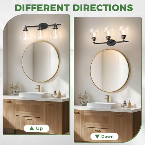 Image of DORESshop 3-Light Black Bathroom Vanity Light Fixture, Modern Wall Mounted Vanity Lighting with Clear Glass Shades - Waterproof & Damp Rated for Bathroom, Powder Room, Dimmable LED Bulb Compatible