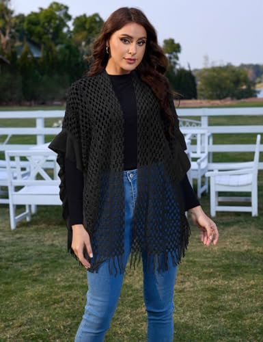 Ferand Women's Lightweight Ruffle Shawl Wraps Open Front Crochet Fringe Poncho Cardigan for Spring and Summer2