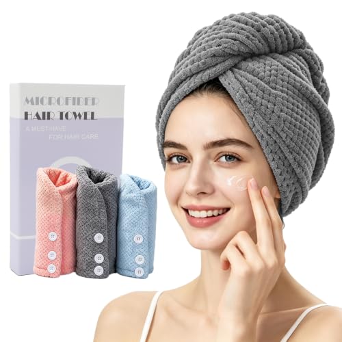 FREATECH 3 Piezas Toalla Microfibra Pelo, Toallas para Secar el Pelo sin Encrespamiento, Menos Secado con Secador, Turbante Pelo Suave y Absorbente con 3 Botones para Cabello Largo, Rizado y Grueso