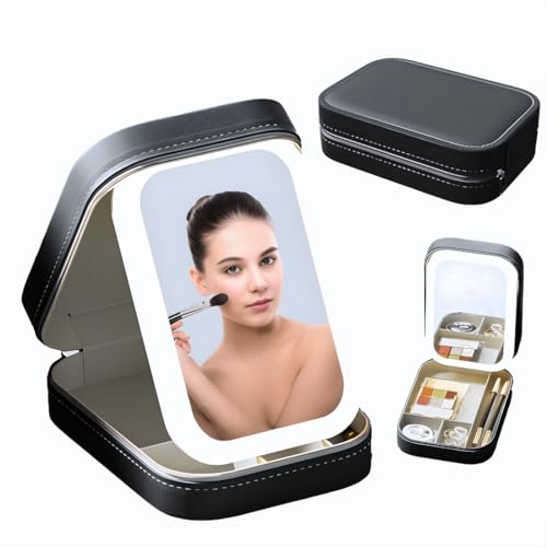 Image of LED Makeup Box with Adjustable Light-Up Mirror, 3 Color Light Settings, Dust-Proof Cosmetic Case, Jewelry Organizer and Multi-Compartment Storage Box for Women (Black)