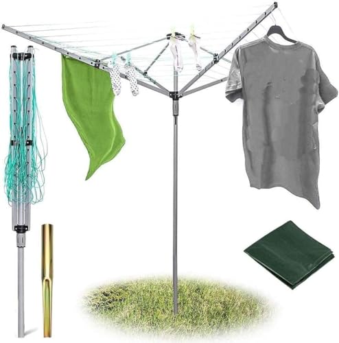 KingMakers 60M Premium Heavy Duty 4 Arm Outdoor Rotary Clothes Airer/Dryer Washing Line w/Metal Ground Spike & Water Proof Cover - 60M Washing Line