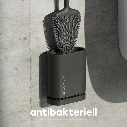 SAVEGA - Silikon Klobürste mit flachem und biegsamem Kopf - Toilettenbürste aus Silikon mit schnell trocknendem Halter - Moderne WC Bürste für die Wandmontage ohne Bohren (schwarz, matt) - 1er Set
