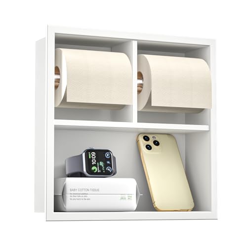Bernkot Unterputz-Toilettenpapierhalter Edelstahl, WC Badezimmerschrank mit Toilettenpapierhalter Halterung, Klopapierhalter mit aufbewahrung, 34×34×10cm, Weiß