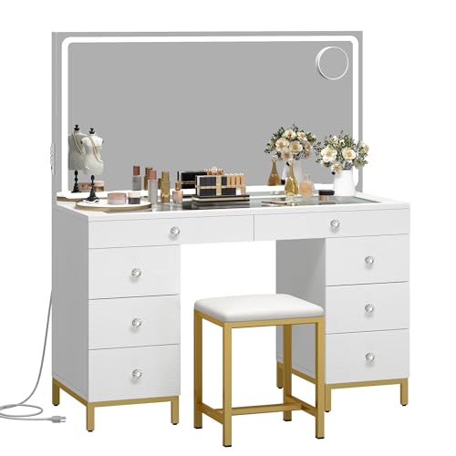 DWVO Vanity Desk with Lights and Stool, Power Outlet, 9 Drawers Makeup Table, Large LED Mirror with 3 Color Lighting Modes, for Bedroom and Dressing Room, Milky White