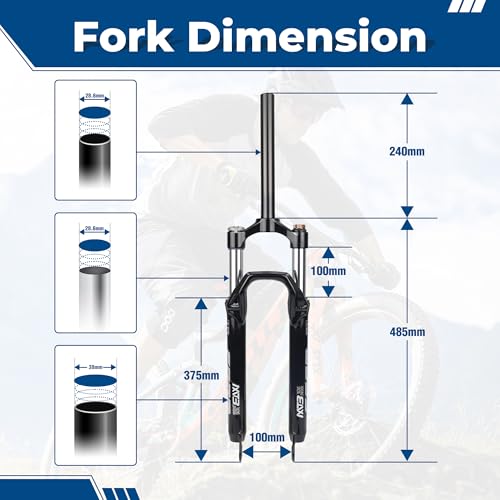 MEGHNA Bike Suspension Front Fork Aluminium Alloy Lightweight Air Suspension Fork Straight Tube 26 inch Mountain Bike Disc Brake 28.6mm Threadless Straight Bicycle Front Fork - Thumbnail 2