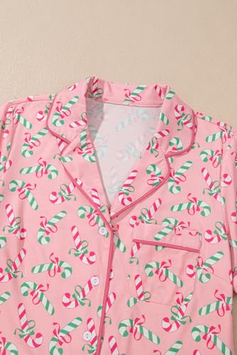 Image of KevaMolly Women Novelty Knotted Candy Cane Christmas Pajama Set | Christmas Floral Bow Print PJ Set, Button Lapel Knotted Drawstring Shorts with Convenient Side Pockets
