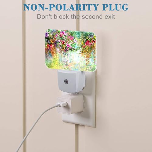 Image of Abstract Watercolor Flowers Night Light Flowers Oli Painting Nightlight Plug into Wall with Dusk to Dawn Sensor for Kid Girls Boys Women Men Room, Hallway, Kitchen, Bathroom, Stairs Decor