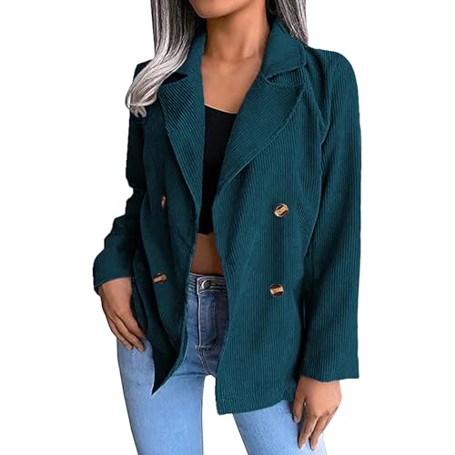 QWENTMTNTY Corduroy Jacket Women Oversized Plus Size Double Breasted Shacket Vintage Casual Lapel Corduroy Blazer Outerwear