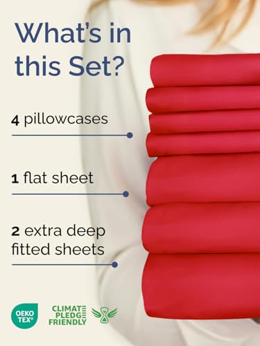Image of Extra Deep Split King Sheet Set - 7 Piece Breathable & Cooling Sheets - Red | Hotel Luxury Bed Sheets Set, Easy & Secure Fit, Ultra-Soft, Wrinkle & Fade Free, Comfy Sheets Set with Extra Deep Pockets