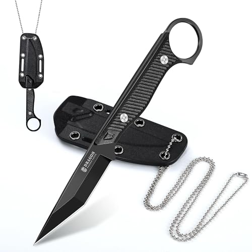 Dragon Creek Neck Knife mit Tanto-Klinge Feststehendes EDC-Messer mit Kydex-Scheide Mini-Outdoor Messer mit Einteilige Full-Tang-Klinge und Kugelkette zum Umhängen(Schwarz)