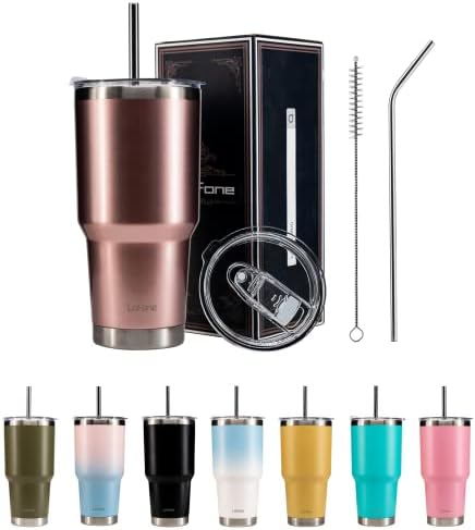LoFone Coffee Travel Mug with Straw,20oz/550ml Double-Walled Insulated Coffee Cup,New Fashionable Stainless Steel Tumbler (Pink)