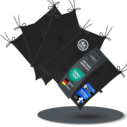LILENO HOME 4er Set Stuhlkissen Schwarz (40x40x4,5 cm) - Sitzkissen für Gartenstuhl, Küche oder Esszimmerstuhl - UV-beständige Indoor u. Outdoor Stuhlauflage als Stuhl Kissen (Laura FUM)