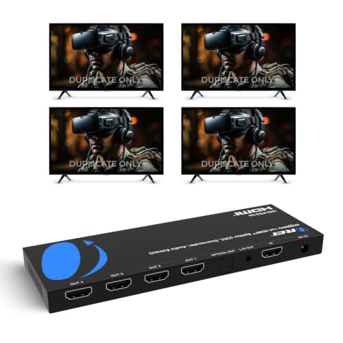 OREI 1x4 HDMI Splitter 4K 60Hz with Audio Extractor – HDMI 2.0b Splitter 1 in 4 Out with 4K to 1080p Downscaling, HDR10+, Dolby Vision, HDCP 2.3, Optical & 3.5mm Audio Out