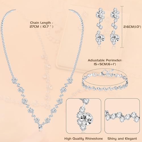 Jstyle Silver Bridal Wedding Jewelry Set Crystal Necklace Bracelet Dangle Earrings Set for Bride Bridesmaid Rhinestone Necklace Prom Costume Jewelry Set Accessories for Women (Set of 3) B