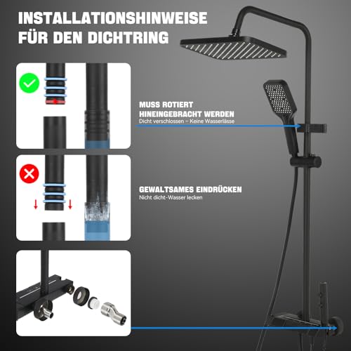 Duschsystem, 4 Strahlarten, Regendusche, Handbrause, Duscharmatur, Wasserhahn, Duschset mit LED-Digitalanzeige, höhenverstellbar, Edelstahl, schwarz
