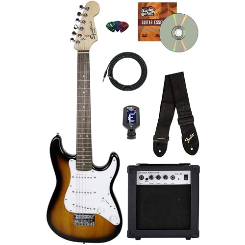 Fender Squier 3/4-Size Kids Mini Strat Electric Guitar - Sunburst Bundle with Amplifier, Cable, Tuner, Strap, Picks, and Austin Bazaar Instructional...