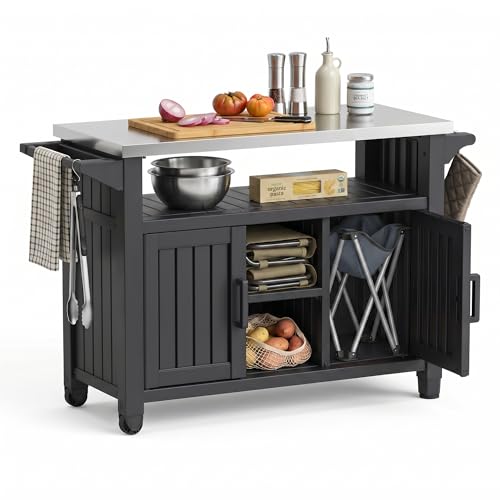 EasyUp Outdoor Storage Cabinet Patio Storage Table Bar Table with Wheels Outdoor Bar Cart for Patio Poolside and Backyard Black