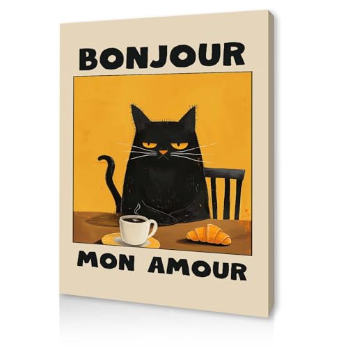 Qiukoo Framed Canvas Wall Art with Pre-Framed Canvas and Hanging Hooks – Funny Cat Print Bonjour Mon Amour, Modern Wall Art for Living Room, Bedroom, Kitchen or Coffee Corner, 12" x 16"