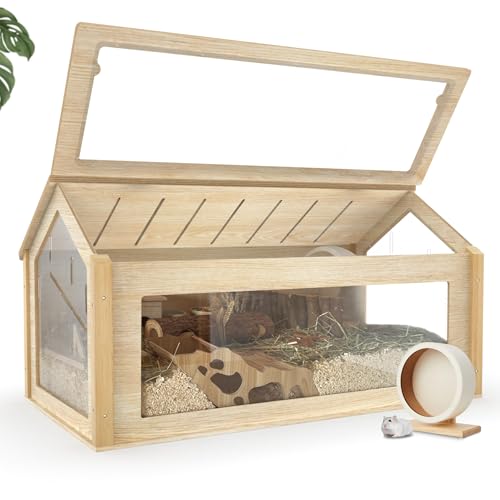 noviclass® Hamsterkäfig Glas Theodore - Hamstervilla aus Lindenholz und Acrylglas - 100 x 55 x 50cm - Inkl. Hamsterrad - Nagarium- - Ausreichende Belüftung - Klappbarer Deckel