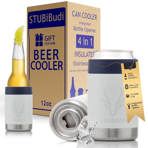 Image of Stainless Steel Beer Cooler With Bottle Opener, Vacuum Insulated Can Cooler 12 oz for Bottles Cans, 4-in-1 Universal Insulator Coozy for Bottles Cans, Beer Gifts for Birthday (White)