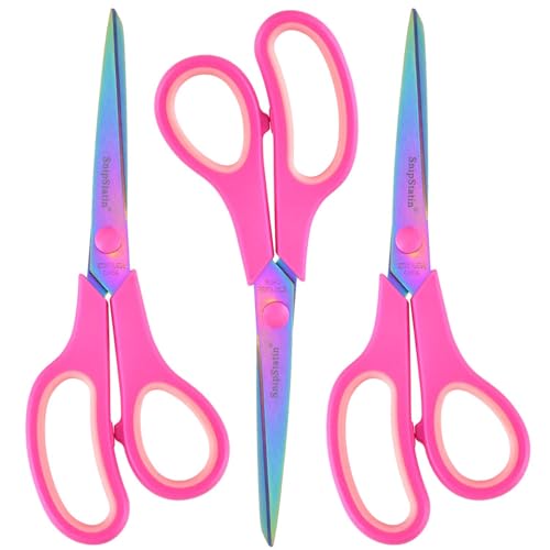 SnipStation 8.5 Office Scissors Heavy Duty Titanium Coating Sharp Blades Ergonomic Semi-Soft Rubber Grip Scissors All Purpose for Sewing School Fabric Art Craft Supplies Pink 3-Pack