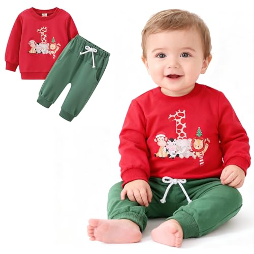 Asmea Conjunto Cumpleaños 1 Año Niño Ropa Bebe Regalo Bebe 1 Año Camiseta de Manga Larga con Estampado Animal + Pantalón 6-12 Meses Rojo