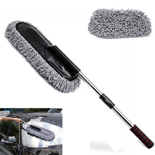Image of Signamio Car Duster Microfiber Brush Car Cleaning Accessories Compact Soft Non Scratch Fibers for Interior and Exterior Dusting Detailing and Quick Touch Ups - Grey