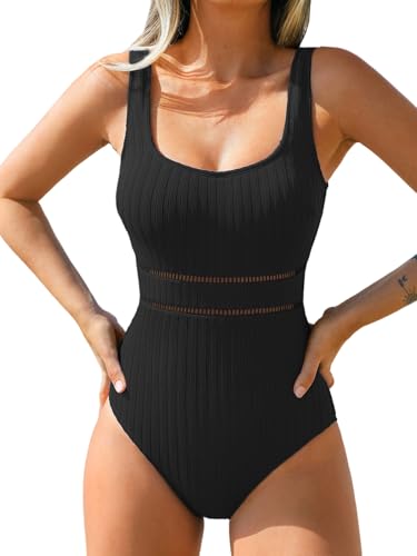 CUPSHE Women's One Piece Swimsuit Scoop Neck Textured Bathing Suit Cutouts Low Back Swimwear Wide Straps, M Black
