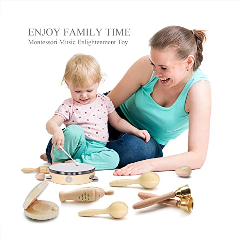 Giaford Toddler Wooden Musical Instruments Kids Drum Set Toy Tambourine Maracas,Rattle, Music Shaker, Stick Bells, Baby Musical Toys Kit With Storage Bag #TOP2