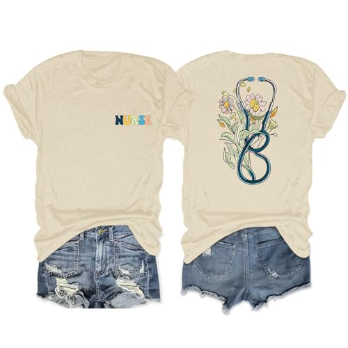 Nurse Graphic Shirts for Women Boho Floral Nurse Life T Shirt Stethoscope Oversized Graphic Tees Nurses Day Gifts
