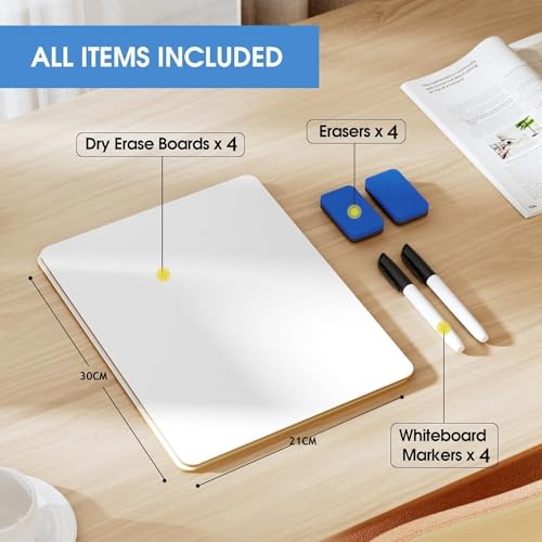 4Pcs Whiteboard Klein 21cm x 30cm Weiße Tafel A4 Trocken Abwischbar Mini Whiteboards, Doppelseitige Weiße Tafel mit 4 Stiften und 4 Radiergummis, Tragbar Whiteboard für Schule Büro Homeoffice