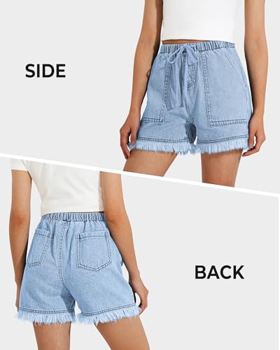 Image of BOOPH Girls Jean Shorts Denim Elastic Waist Drawstring Short for Teen Girl